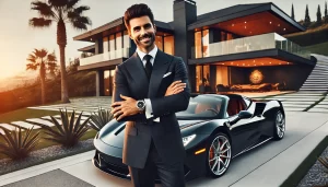 A wealthy and successful man posing confidently in front of his luxury sports car and a grand modern mansion.