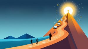 An upward climbing path with figures at different stages of an SEO journey, surrounded by digital elements and search icons. The path transitions from blue at the bottom to bright orange at the summit, symbolizing the growth journey to 100,000 website visitors.