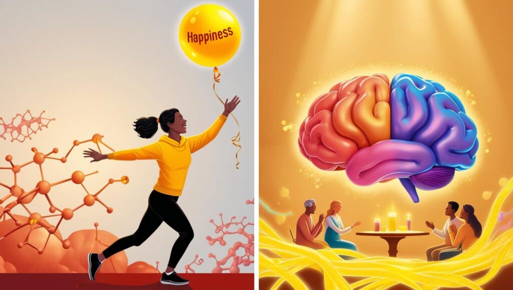 Split-screen illustration showing the contrast between happiness approaches: on left, a person chases an elusive happiness balloon; on right, the same person enjoys social connection with colorful neural pathways (representing dopamine, serotonin, endorphins, and oxytocin) visibly connecting them to others, symbolizing how relationships and brain chemistry contribute to genuine happiness rather than direct pursuit.